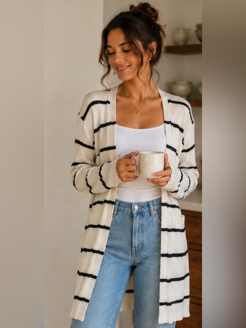 Pink Lily Cream and Black Striped Open-Front Cardigan